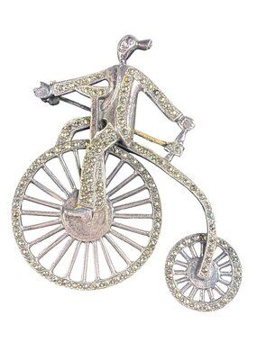 Vintage 925 Sterling Silver Marcasite Penny Farthing Bicycle Brooch Moving Wheel